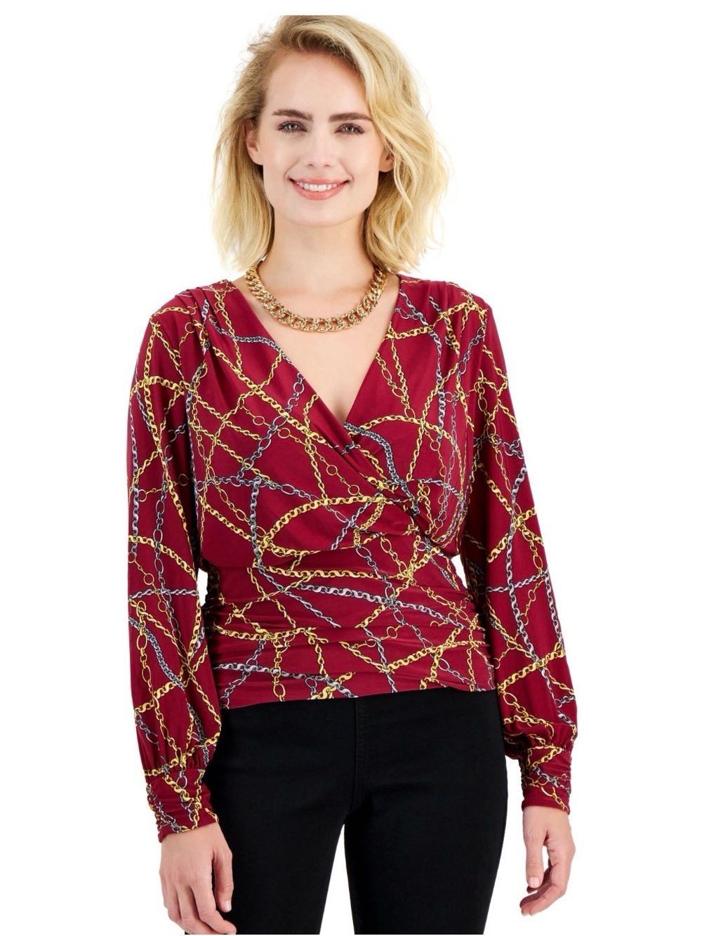 INC International Concepts Burgundy Chain-Print Surplice Blouse